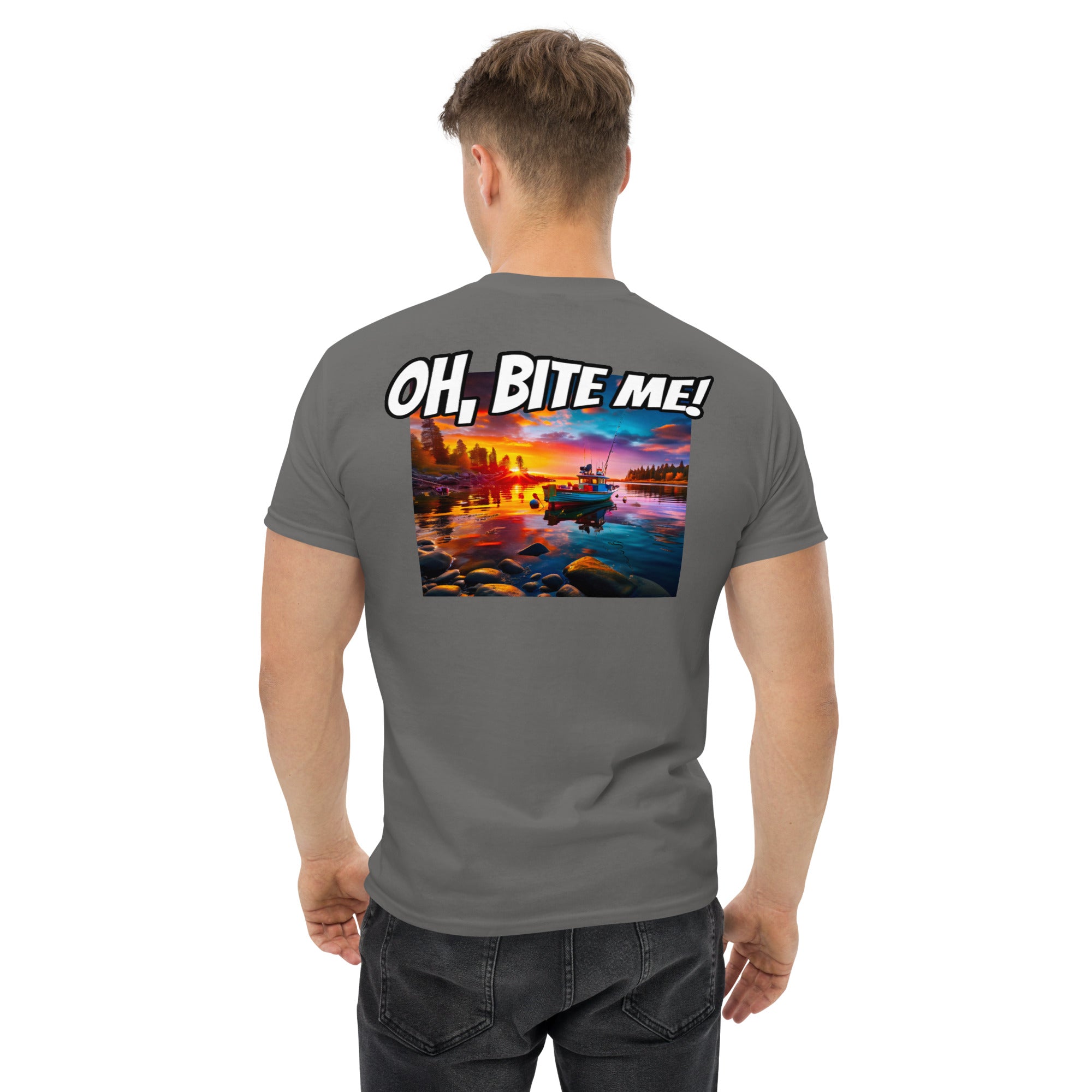Man wearing a grey t-shirt with a colourful graphic and 'OH, BITE ME!' text on the back.