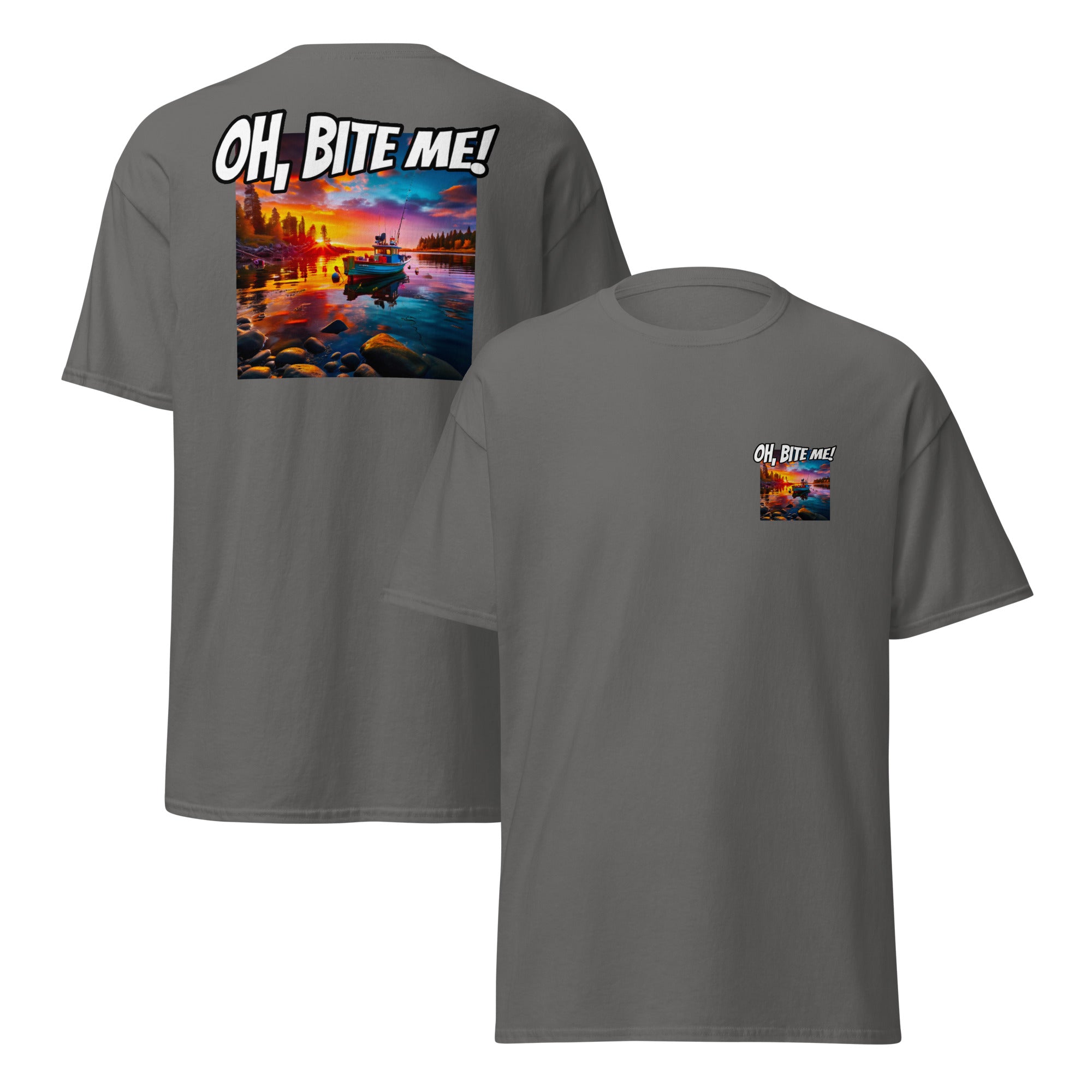 Grey t-shirt with a colourful graphic and 'OH, BITE ME!' text on a white background