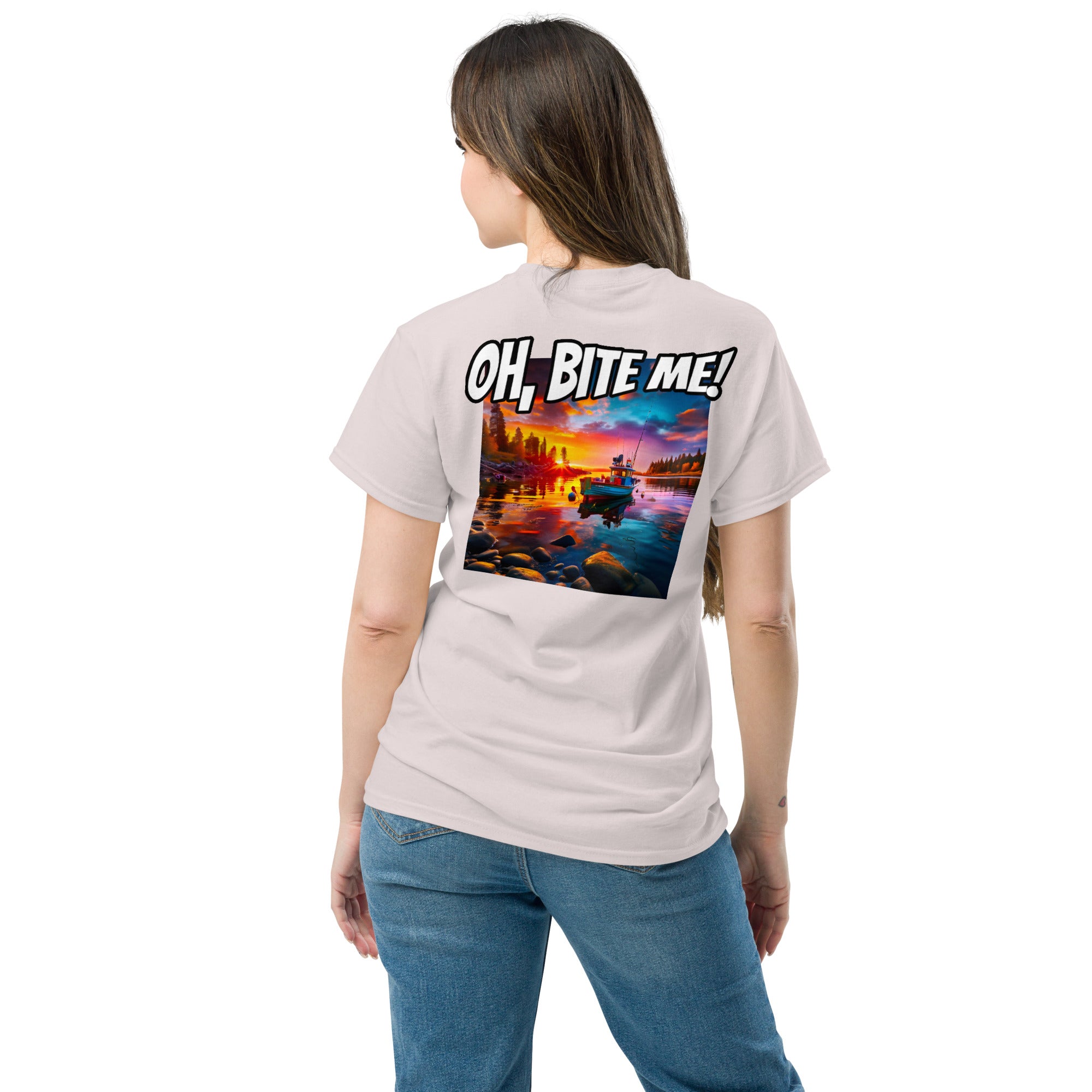 Person wearing a t-shirt with a sunset graphic and 'OH, BITE ME!' text on the back.