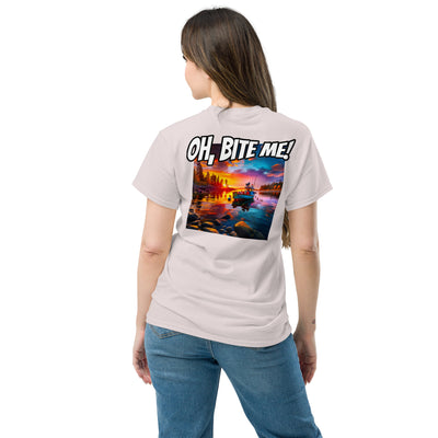 Person wearing a t-shirt with a sunset graphic and 'OH, BITE ME!' text on the back.