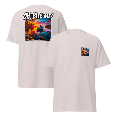 Light grey t-shirt with a colourful graphic and 'OH, BITE ME!' text on a white background