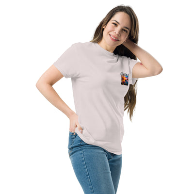 Woman wearing a plain white t-shirt with a colourful graphic on a white background