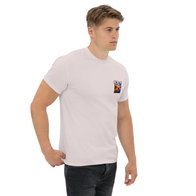 Man wearing a white t-shirt with a colourful logo on a white background