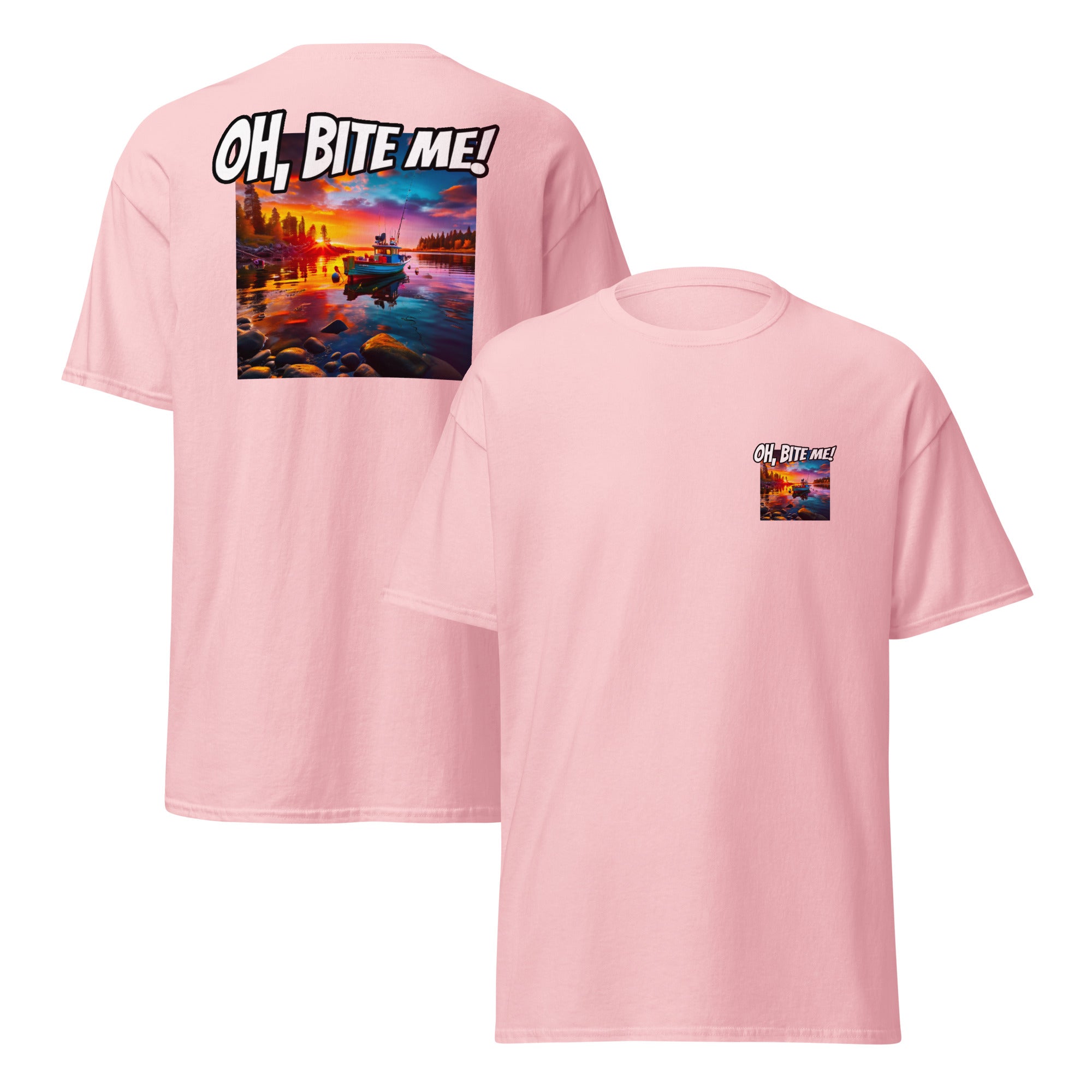 Pink t-shirt with a sunset over water graphic and 'OH, BITE ME!' text on a white background