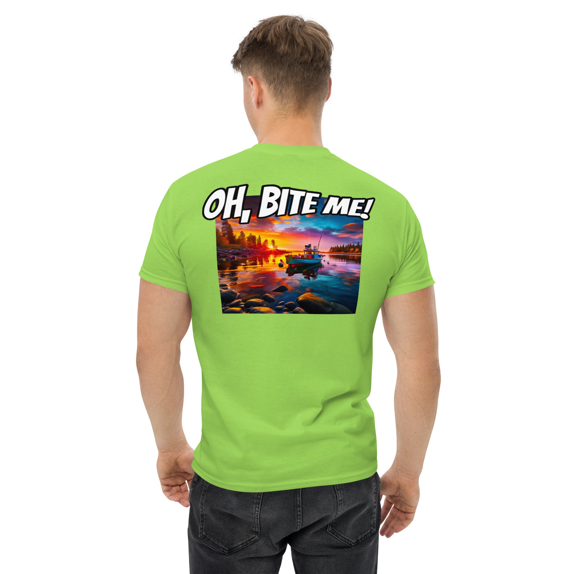 Person wearing a bright green t-shirt with a colourful graphic and text on the back.