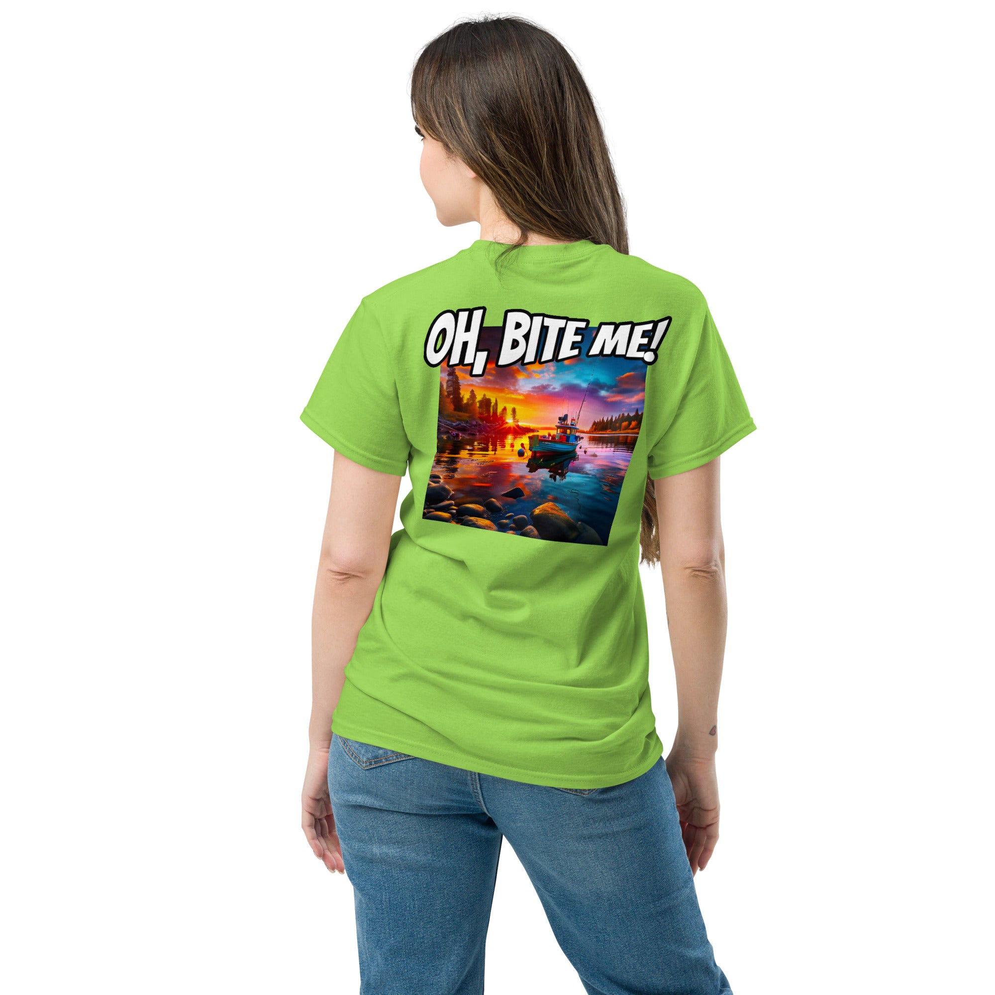 Woman wearing a lime green t-shirt with a colourful graphic and 'OH, BITE ME!' text on the back.