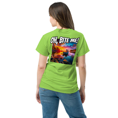 Woman wearing a lime green t-shirt with a colourful graphic and 'OH, BITE ME!' text on the back.