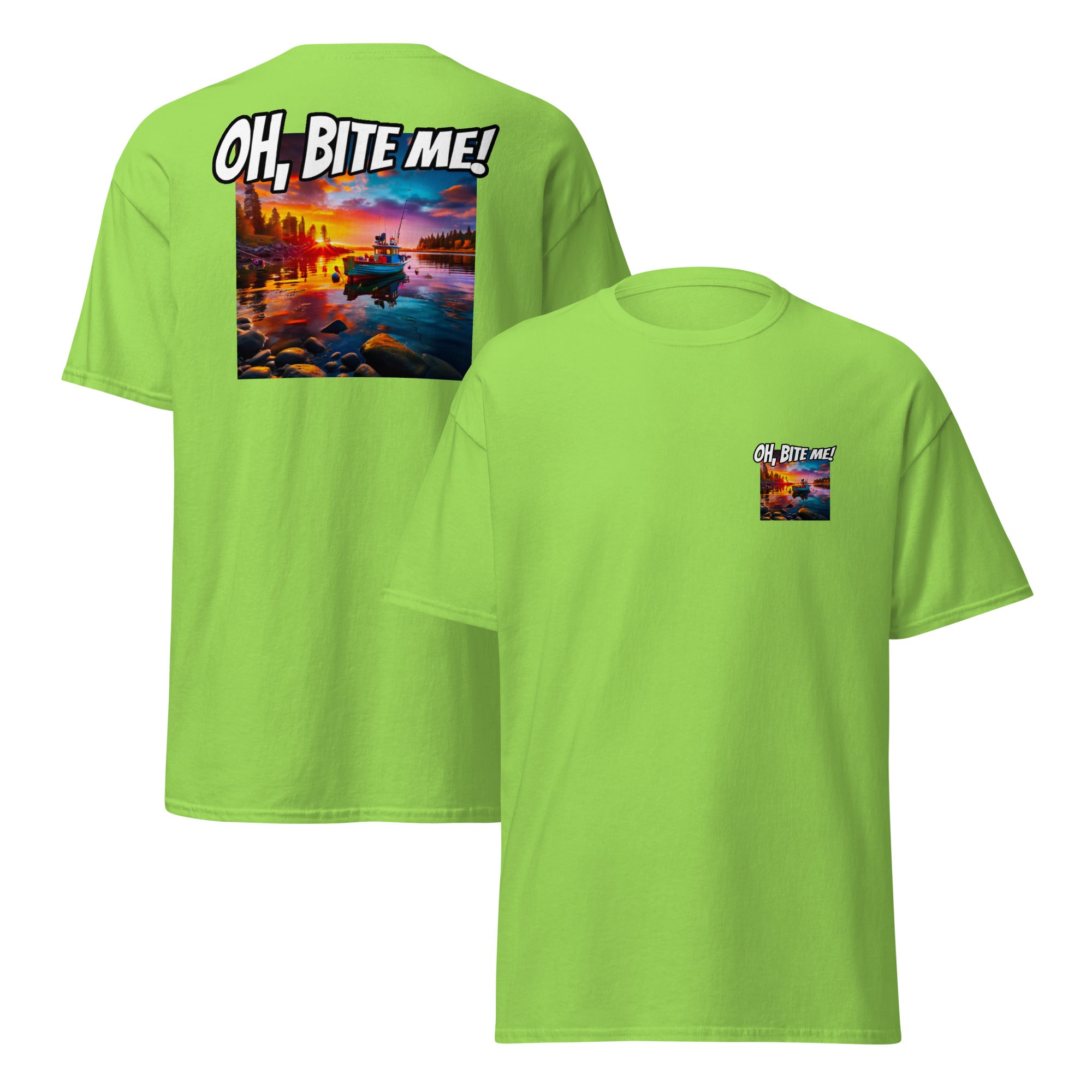Bright green t-shirt with 'OH, BITE ME!' text and sunset over water graphic on a white background