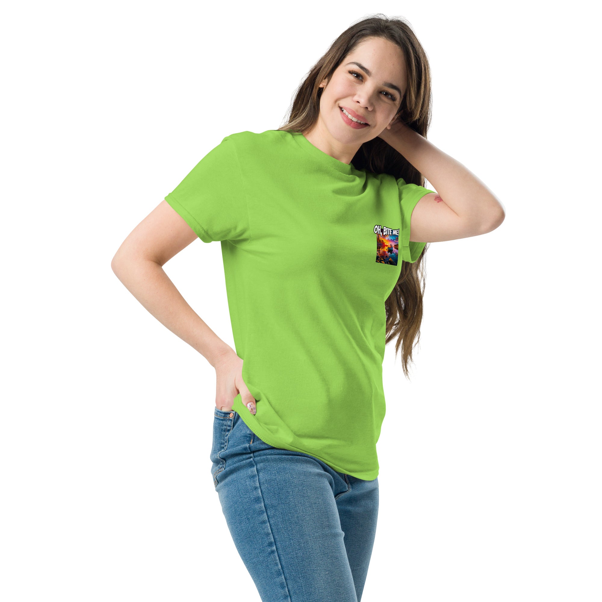 Woman wearing a bright green t-shirt with a colourful graphic on a white background