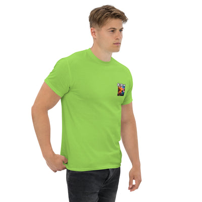Man wearing a bright green t-shirt with a small fish logo on a white background