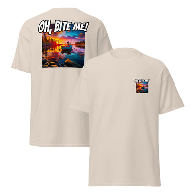 Beige t-shirt with a colourful fishing scene and 'OH, BITE ME!' text on a white background