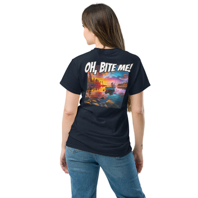 Woman wearing a navy t-shirt with a colourful graphic and 'OH, BITE ME!' text on the back.