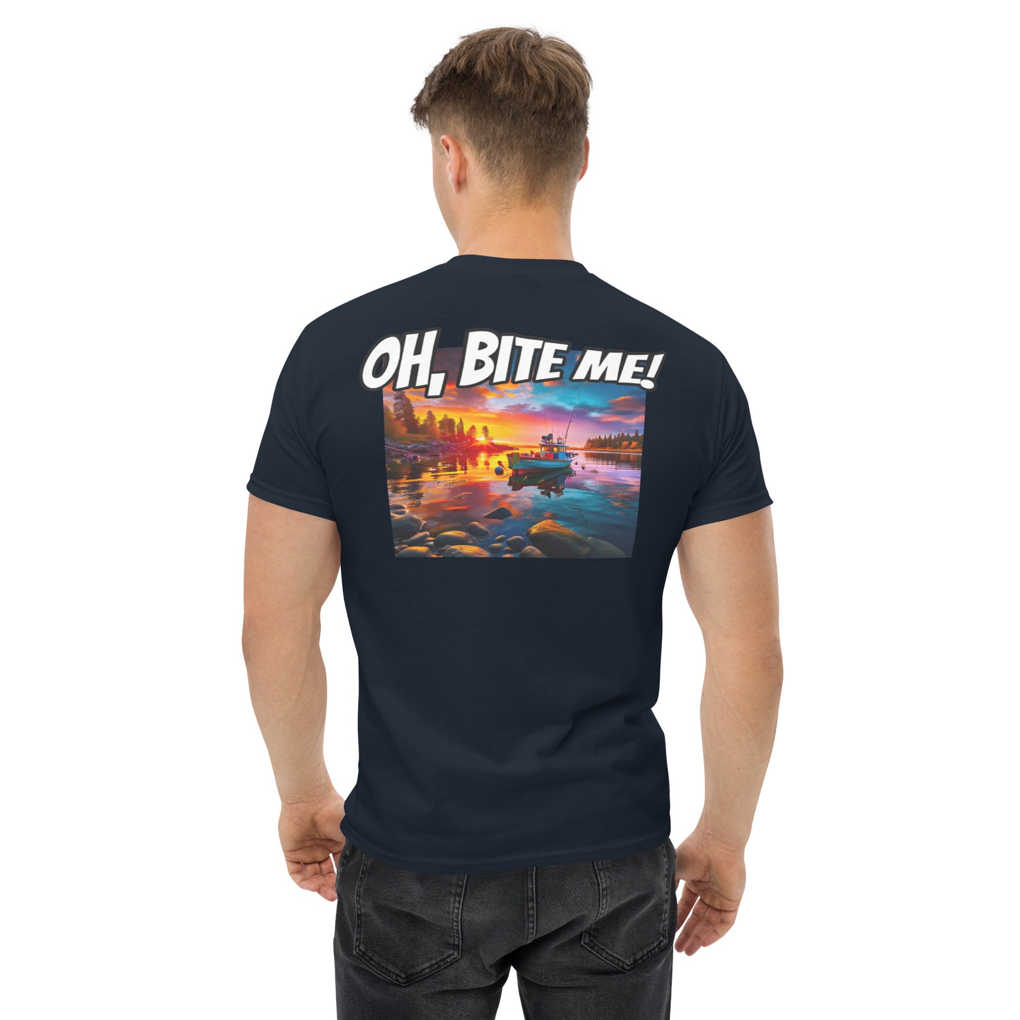 Man wearing a navy blue t-shirt with a colourful graphic and 'OH, BITE ME!' text on the back.