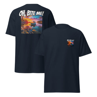 Navy t-shirt with 'OH, BITE ME!' text and sunset over water graphic on a white background