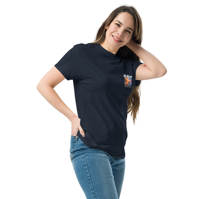 Woman wearing a navy blue t-shirt with a small graphic on a white background