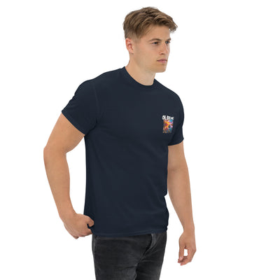Man wearing a navy blue t-shirt with a logo on the chest against a white background