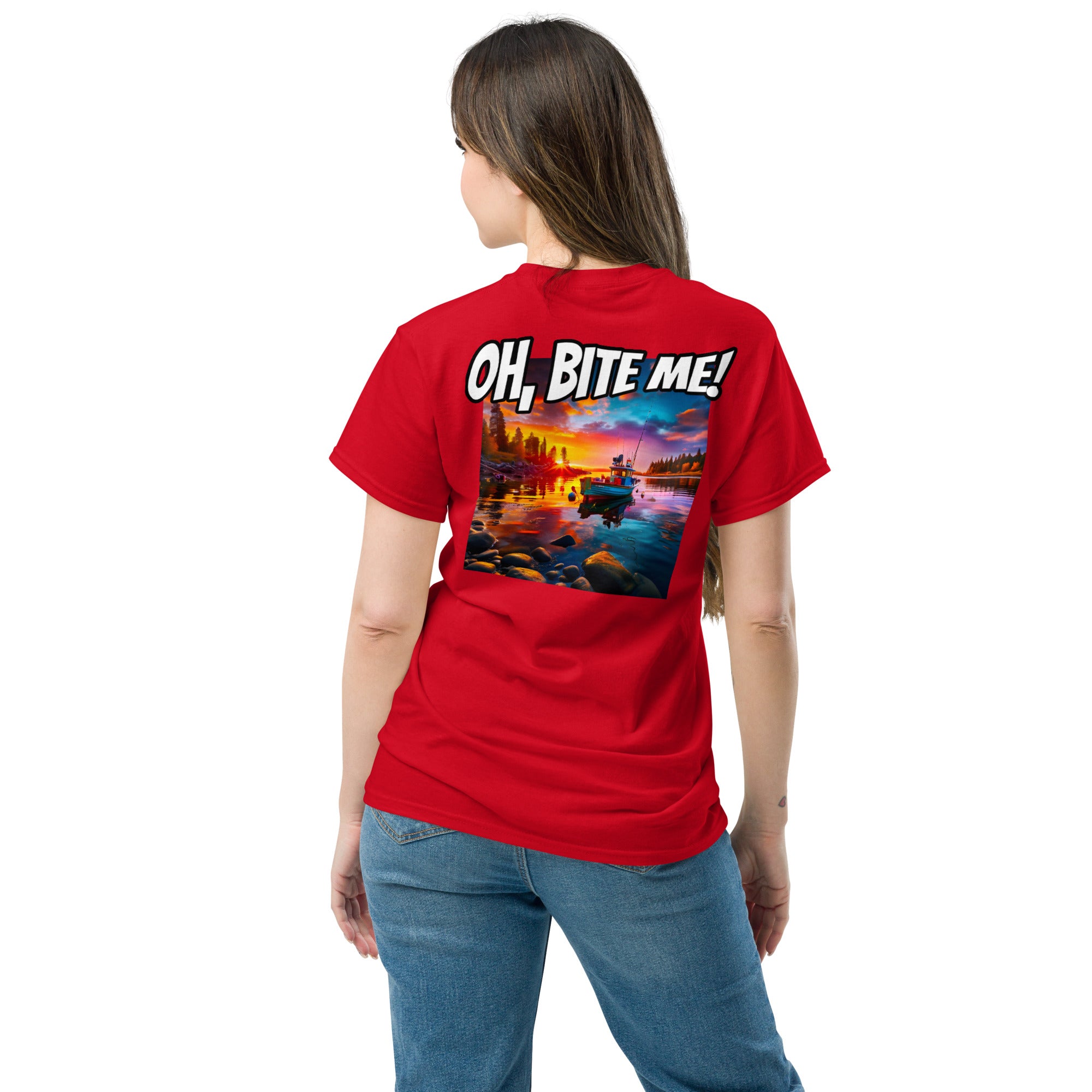 Woman wearing a red t-shirt with a graphic and text on the back, standing against a white background
