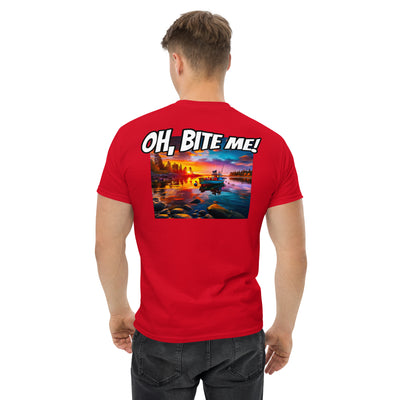 Red t-shirt with 'OH, BITE ME!' text and sunset graphic on the back, worn by a man.