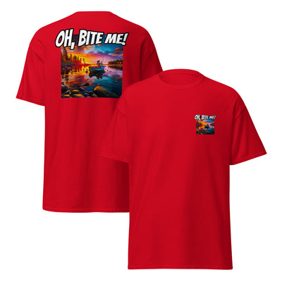 Red t-shirt with 'OH, BITE ME!' text and a scenic design on a white background