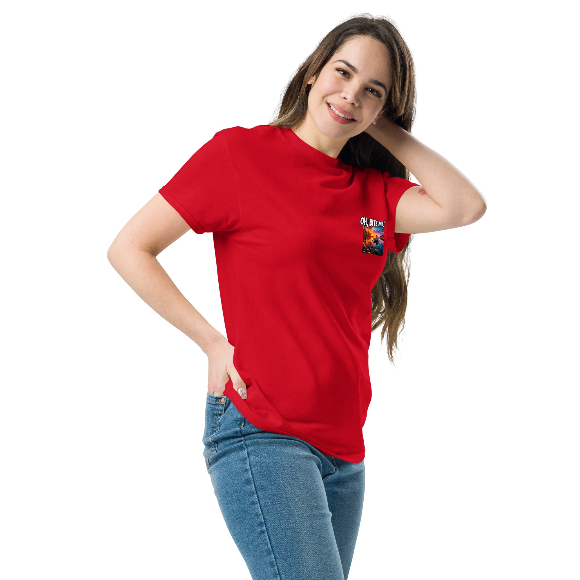 Woman wearing a red t-shirt with a small graphic on a white background