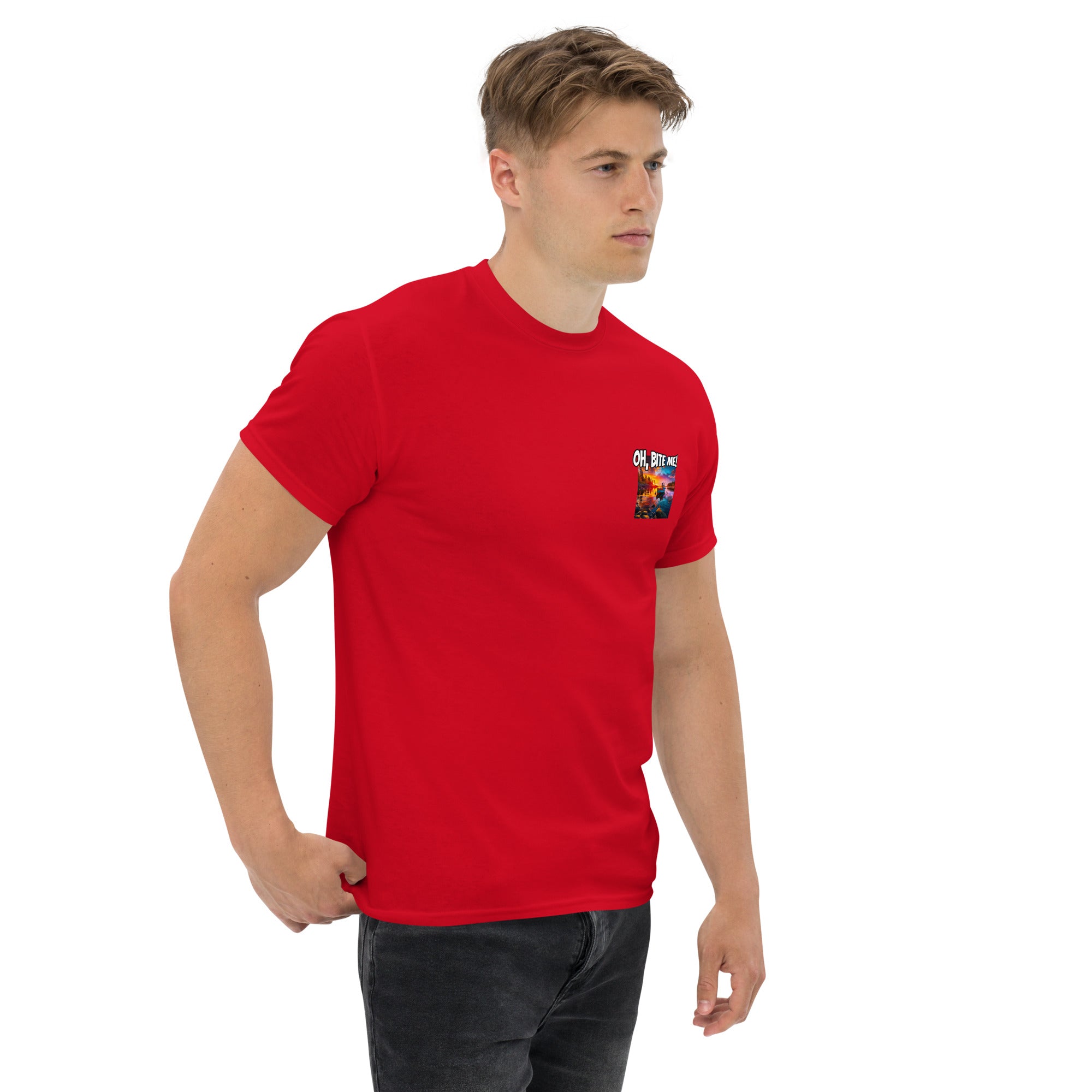 Man wearing a red t-shirt with a fish logo on a white background