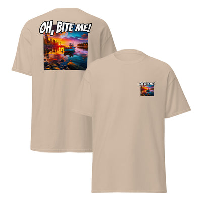 Beige t-shirt with a colourful sunset scene and 'OH, BITE ME!' text on the back.