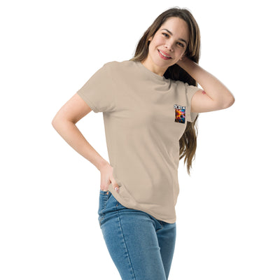 Woman wearing a beige t-shirt with a colourful graphic on a white background