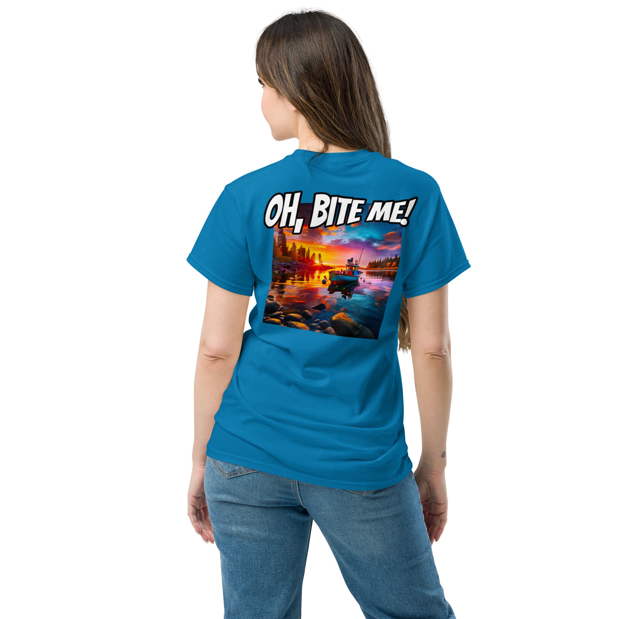 Woman wearing a blue t-shirt with a colourful sunset graphic and 'Oh Bite Me' text on the back