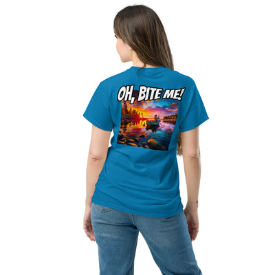Woman wearing a blue t-shirt with a colourful sunset graphic and 'Oh Bite Me' text on the back