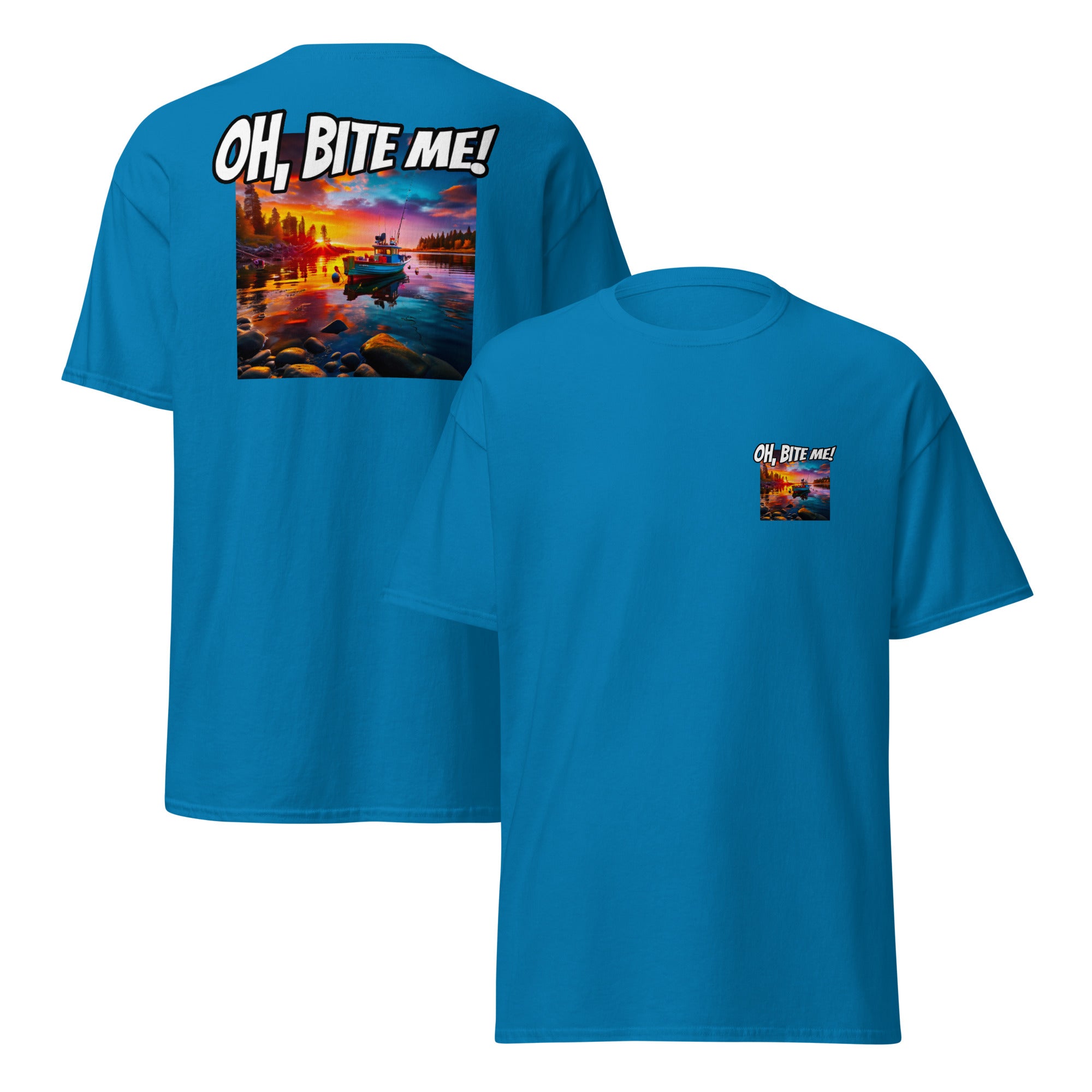 Blue t-shirt with 'OH, BITE ME!' text and sunset scene on a white background