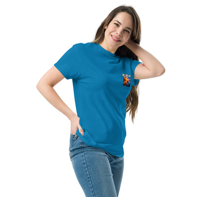 Woman wearing a blue t-shirt with a small graphic on a white background
