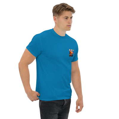 Man wearing a blue t-shirt with a fish logo on a white background