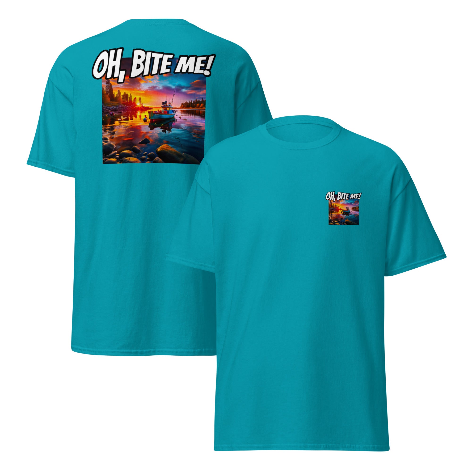 Teal t-shirt with 'OH, BITE ME!' text and sunset over water graphic on a white background