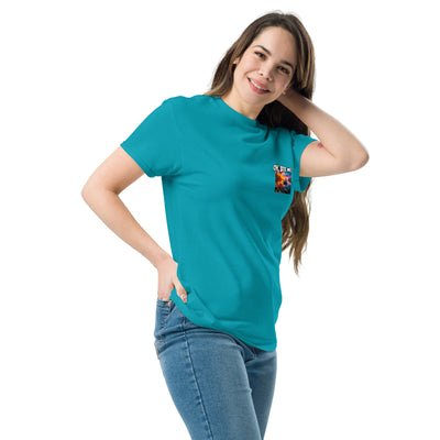 Woman wearing a teal t-shirt with a small graphic on a white background