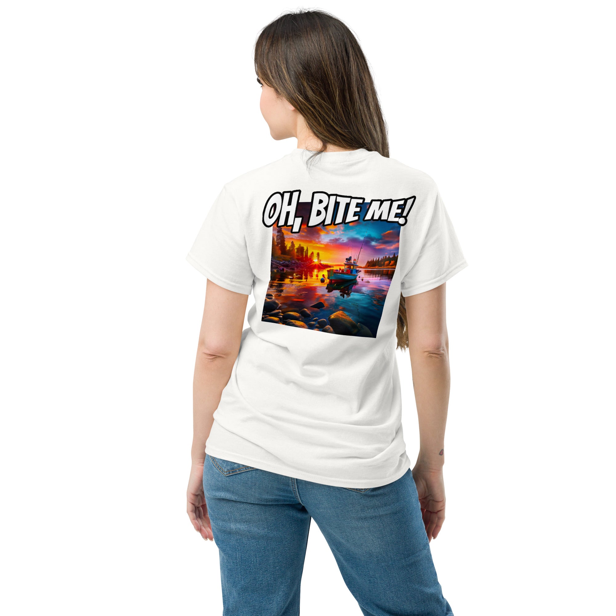 Woman wearing a white t-shirt with a colourful graphic and 'OH, BITE ME!' text on the back.