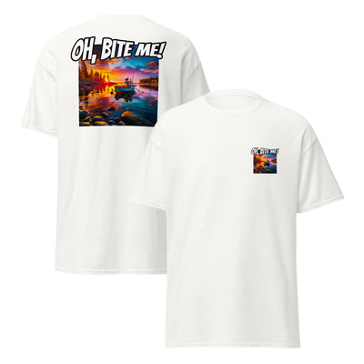 White t-shirt with a colourful graphic of a sunset over water and a boat, with 'OH, BITE ME!' text on the front.