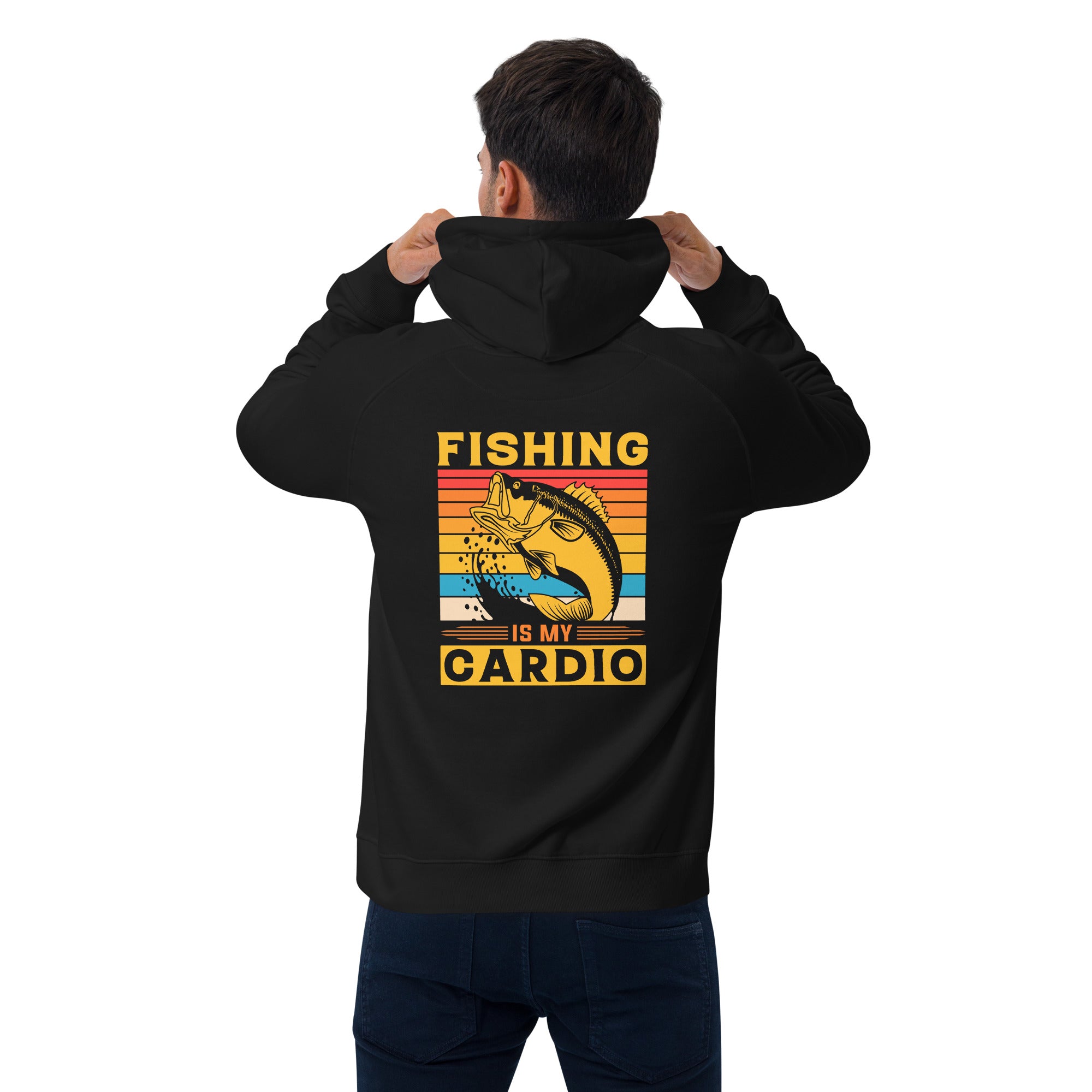 Person wearing a black hoodie with 'Fishing is my Cardio' design on the back.