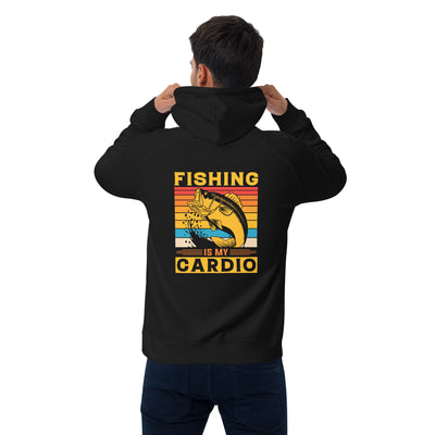 Person wearing a black hoodie with 'Fishing is my Cardio' design on the back.