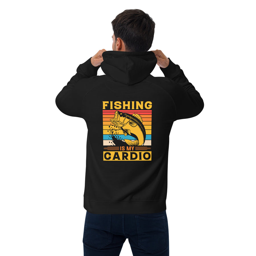 Person wearing a black hoodie with 'Fishing is my Cardio' design on the back.