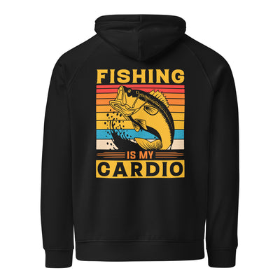 Black hoodie with fishing graphic and text 'Fishing is my cardio' on a white background