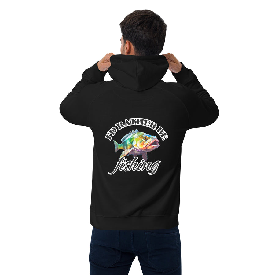 Person wearing a black hoodie with a colourful fish graphic and text on the back, on a white background.