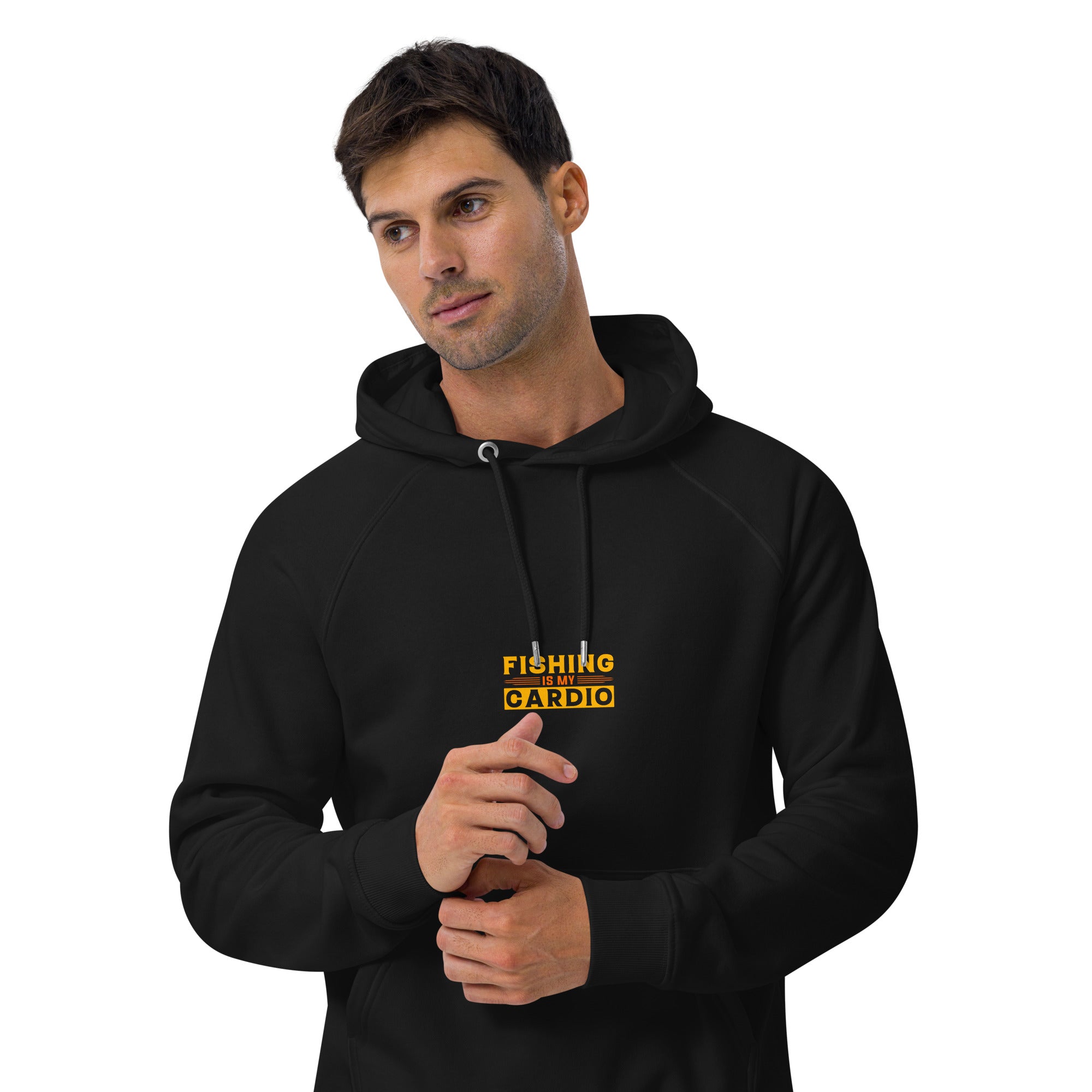 Man wearing a black hoodie with yellow text on a white background