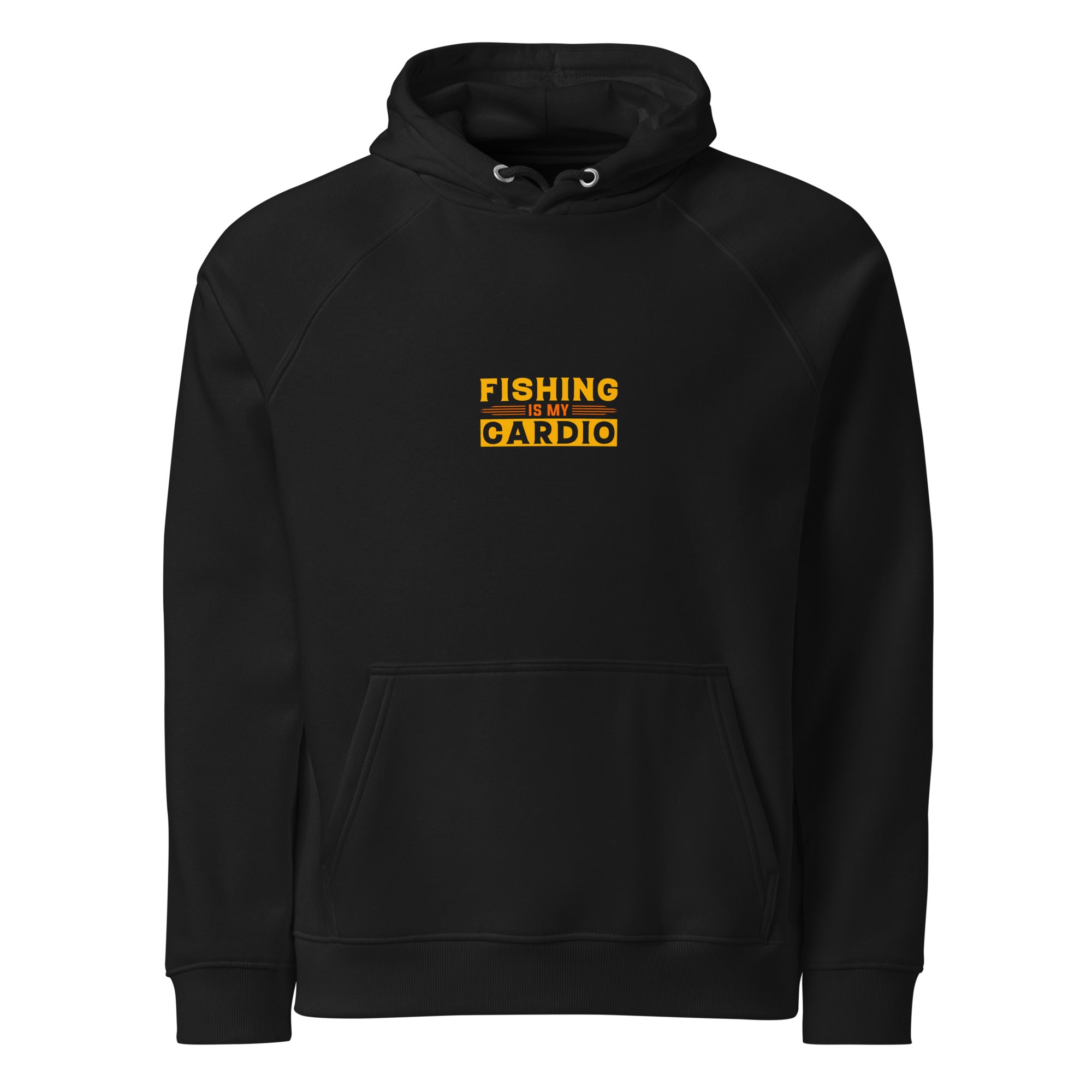 Black hoodie with yellow text 'Fishing is my cardio' on a white background