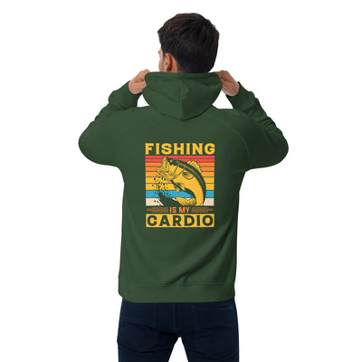 Person wearing a green hoodie with 'Fishing is my Cardio' design on the back.