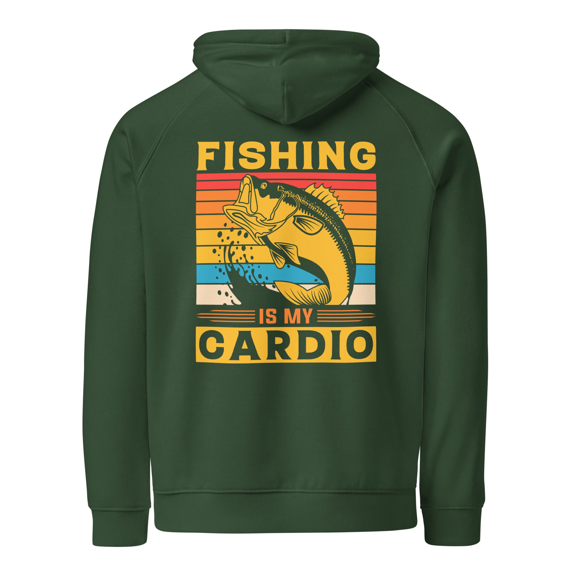 Green hoodie with a fishing graphic and text on the back against a white background