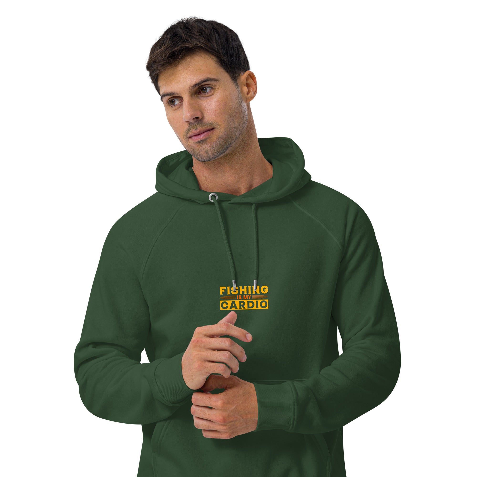 Man wearing a green hoodie with text 'Fishing is my Cardio' on a white background