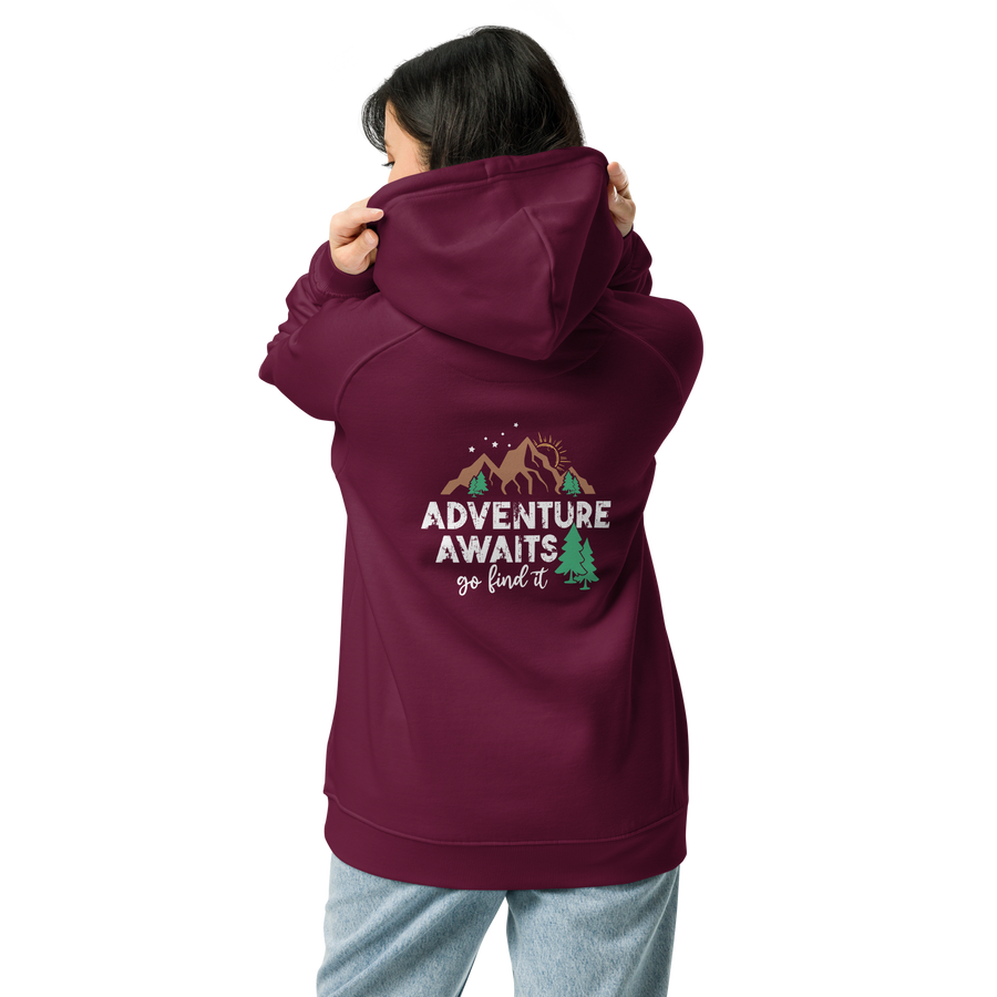 Person wearing a maroon hoodie with 'Adventure Awaits' text and graphics on the back, on a white background