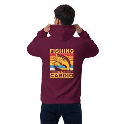 Person wearing a maroon hoodie with 'Fishing is my Cardio' graphic on the back.