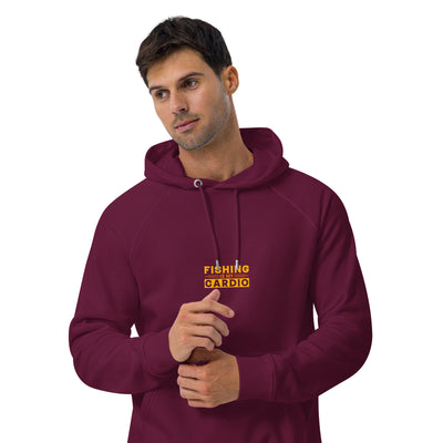 Man wearing a maroon hoodie with 'Fishing is my Cardio' text on a white background