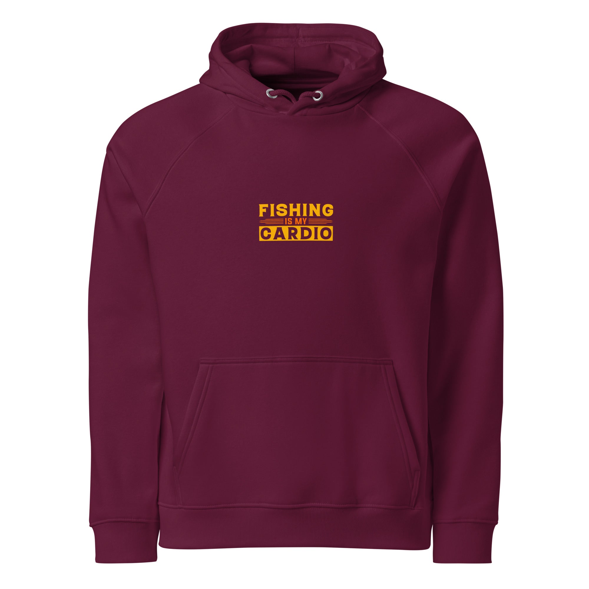 Maroon hoodie with yellow text 'Fishing is my Cardio' on a white background